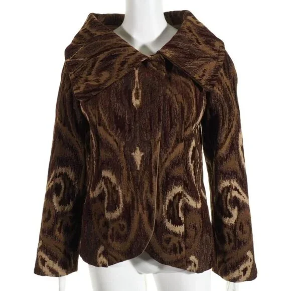 Brocade Womens Jacket S / M Lined Brown Tan Shawl Collar Hand Taylored - Picture 2 of 12